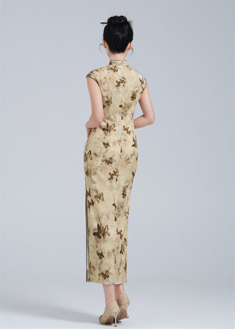 Beige Butterfly Print Qipao Dress