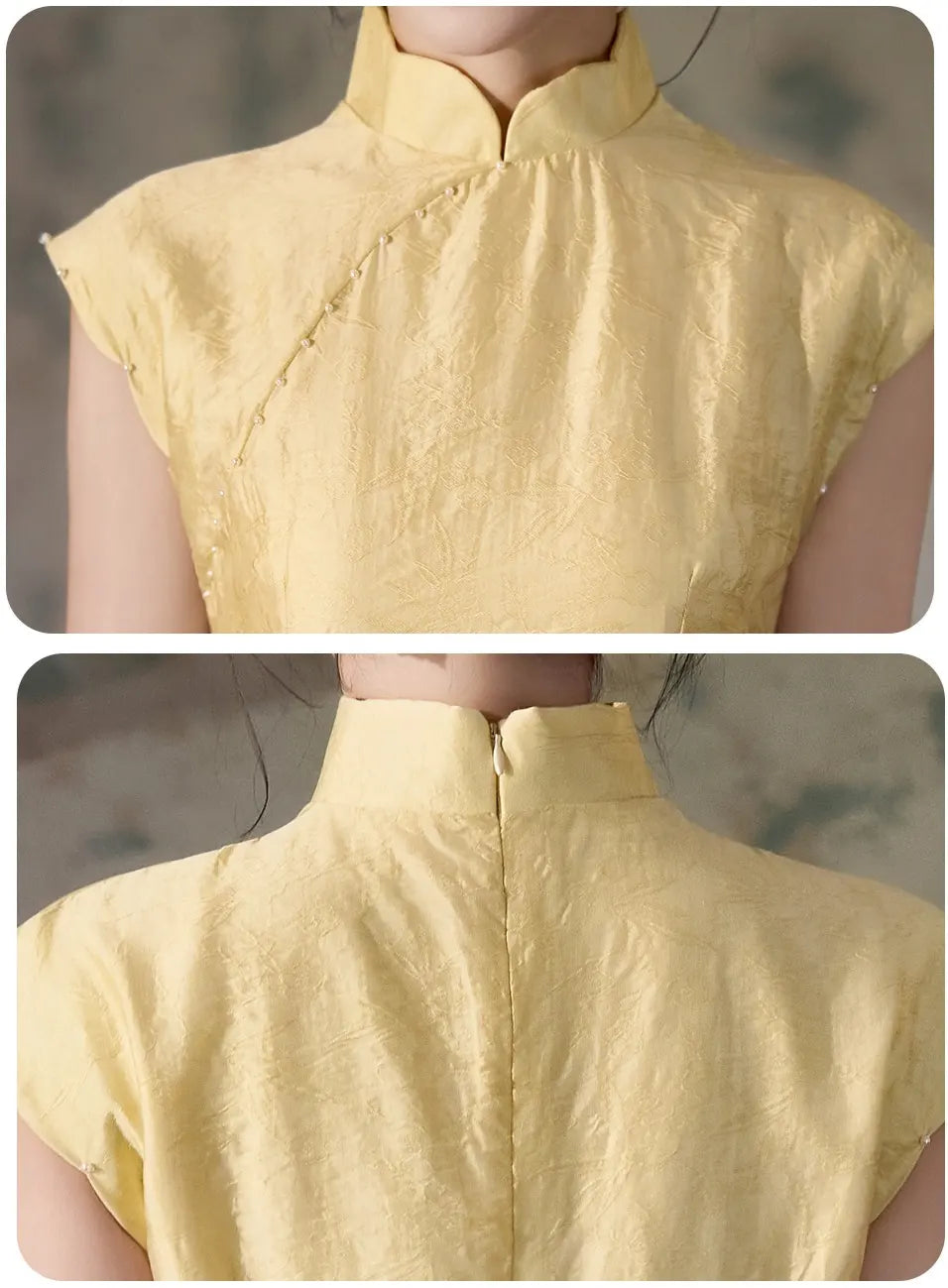 Yellow Floral Sleeveless Midi Cheongsam Qipao Dress top worn by a person, shown from front and back views.