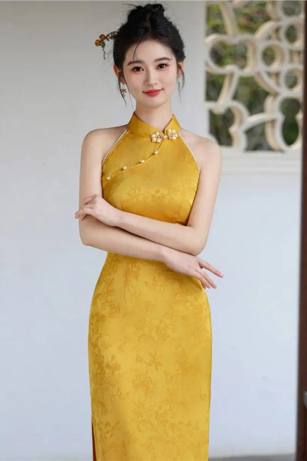 Yellow Halter Neck Modern Floral Jacquard Qipao with Pearl Beading