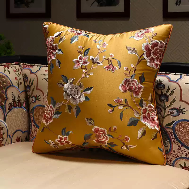 Luxury high quality Oriental Embroidered  Floral  yellow gold Satin Cushion Covers