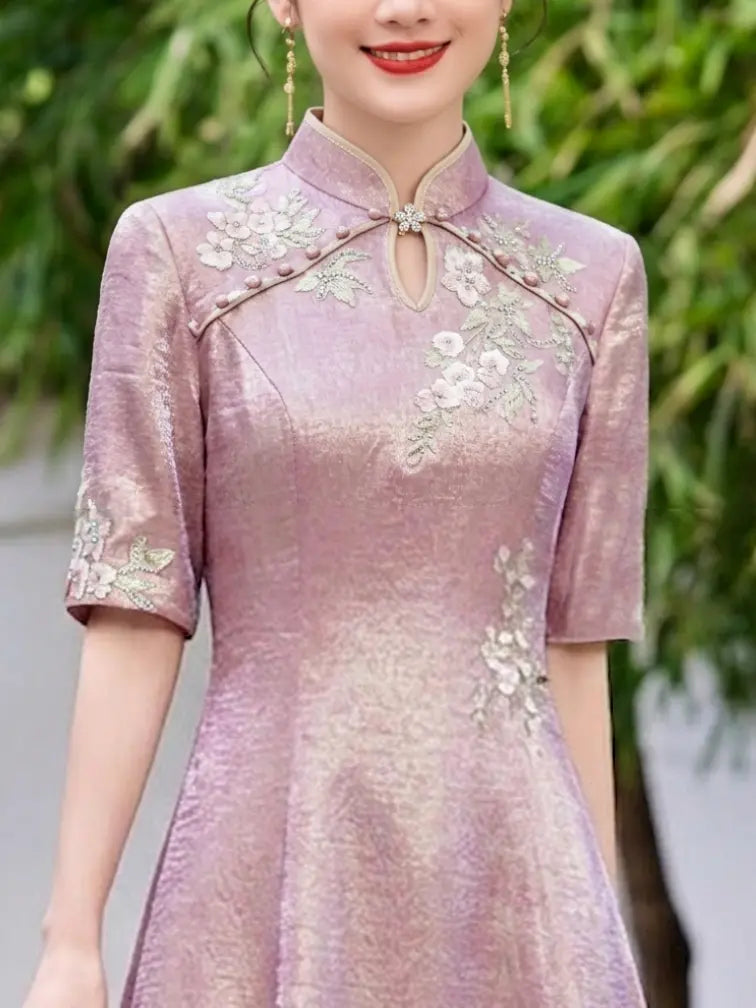 Lustrous Rose-Pink Embroidered Floral A-Line Qipao