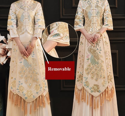 Chinese Wedding Off White Qun Kwa Dress| Peacock