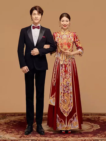 Red and gold  traditional Chinese Wedding pheonix  Qun Kwa Dress