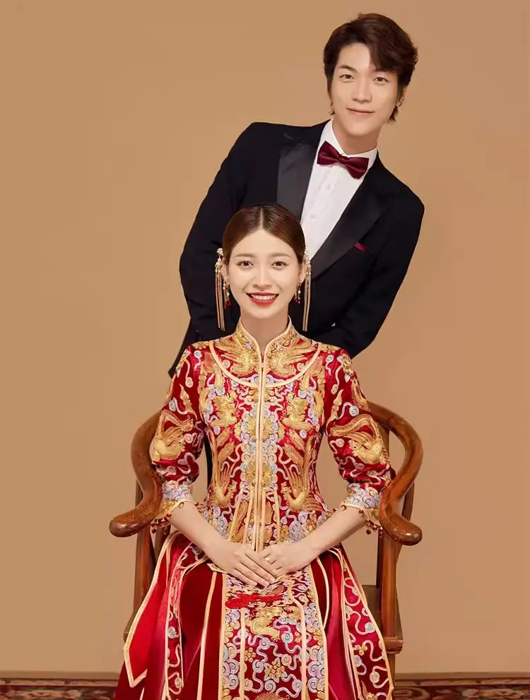 Red and gold  traditional Chinese Wedding pheonix  Qun Kwa Dress