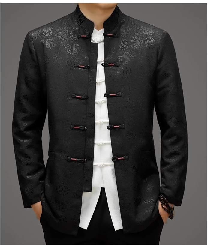 Black chinse mandarin tang jacket front 2