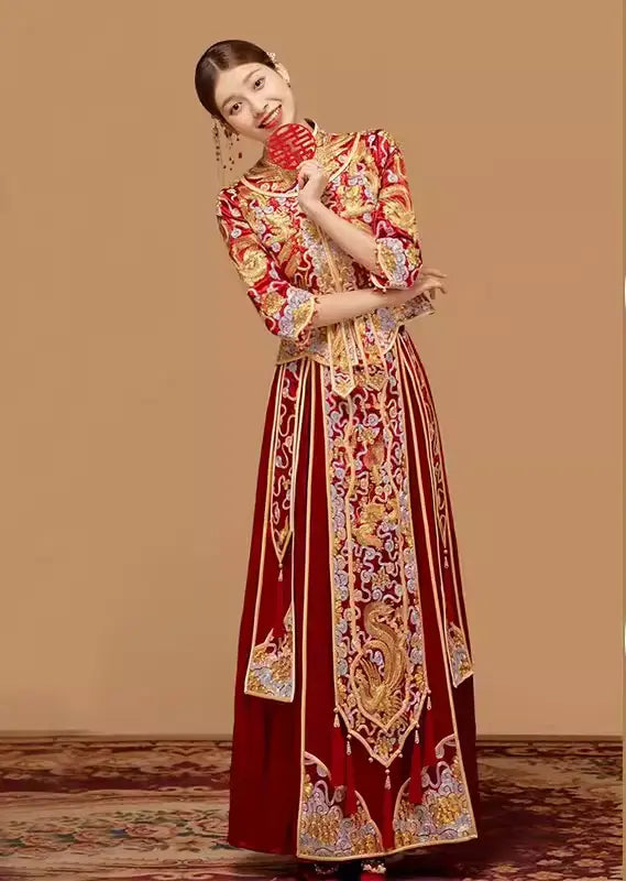 Red and gold  traditional Chinese Wedding pheonix  Qun Kwa Dress
