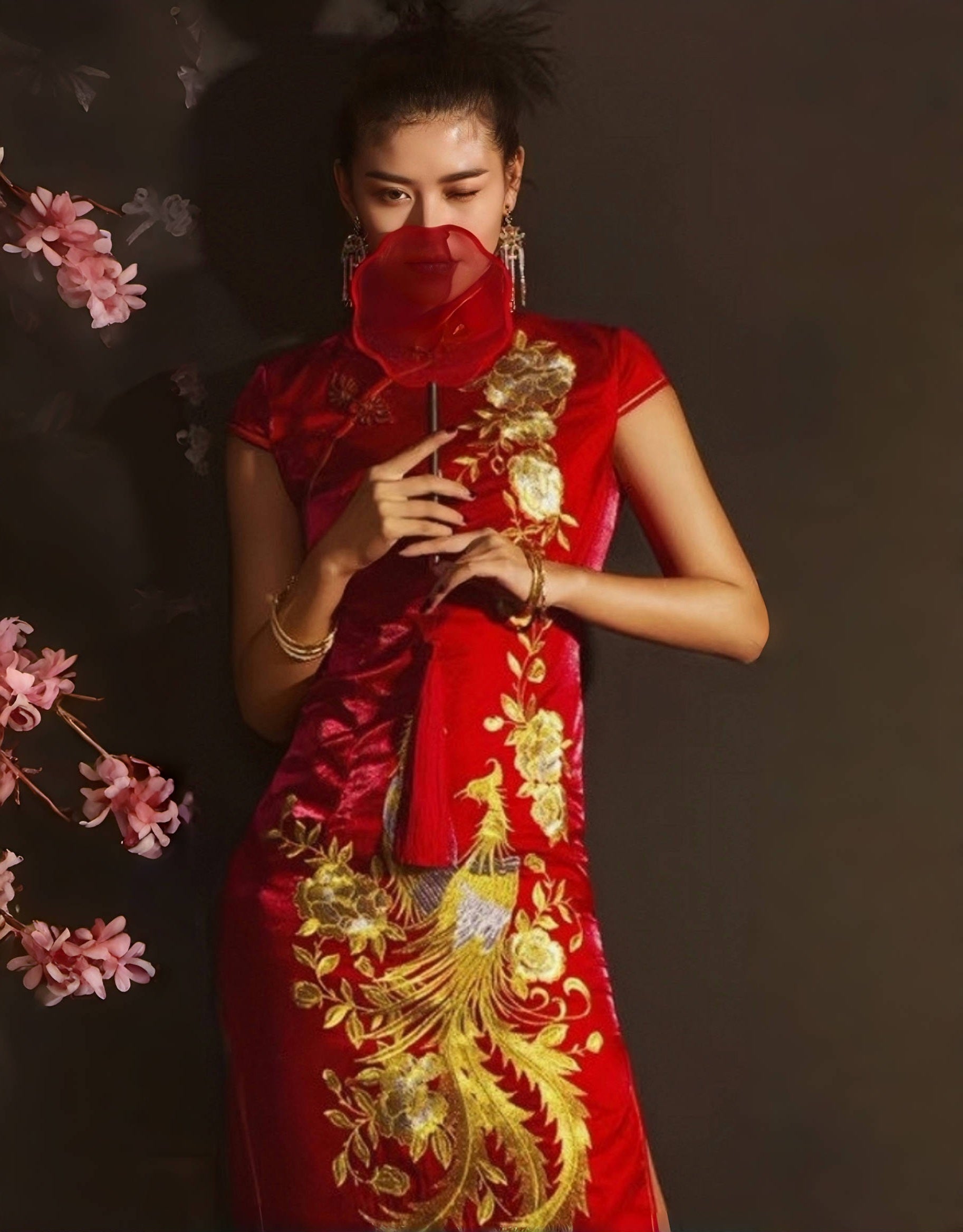 Red Chinese wedding bridal phoenix qipao