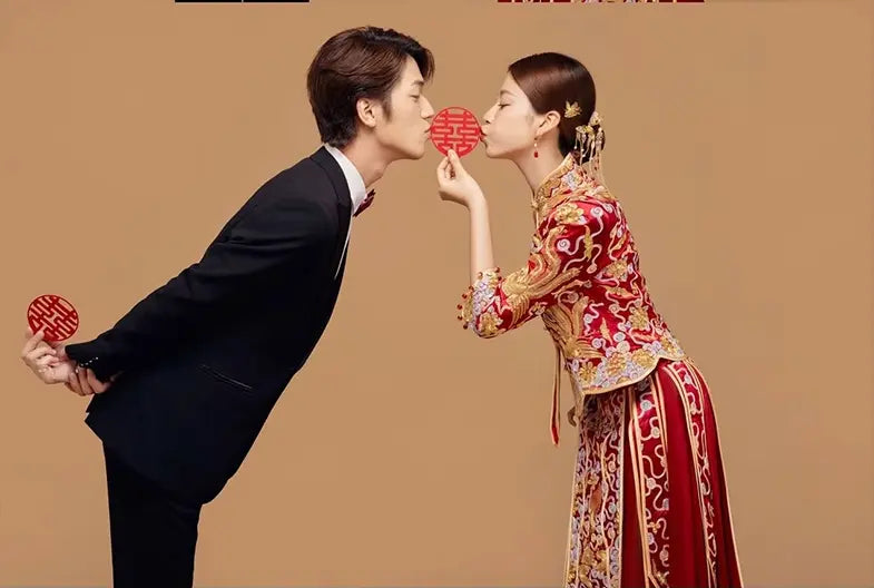 Red and gold  traditional Chinese Wedding pheonix  Qun Kwa Dress