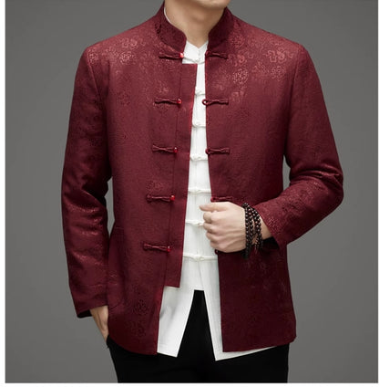 wine red chinese mandarin tang jacket front