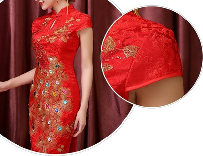 Red  Chinee Qipao Cheongsam Dress| Peacock