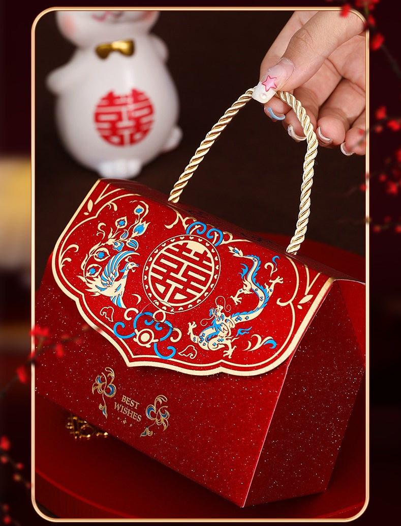 Chinese Wedding Dragon Phoenix Double Happiness Handbag Favor Boxes closeup