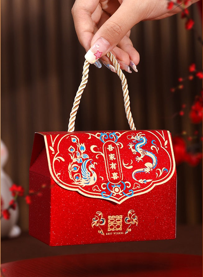 Chinese Wedding Dragon Phoenix Double Happiness Handbag Favor Boxes