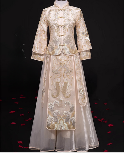 Chinese Bridal Off White Qun Kwa & Groom Tang Suit