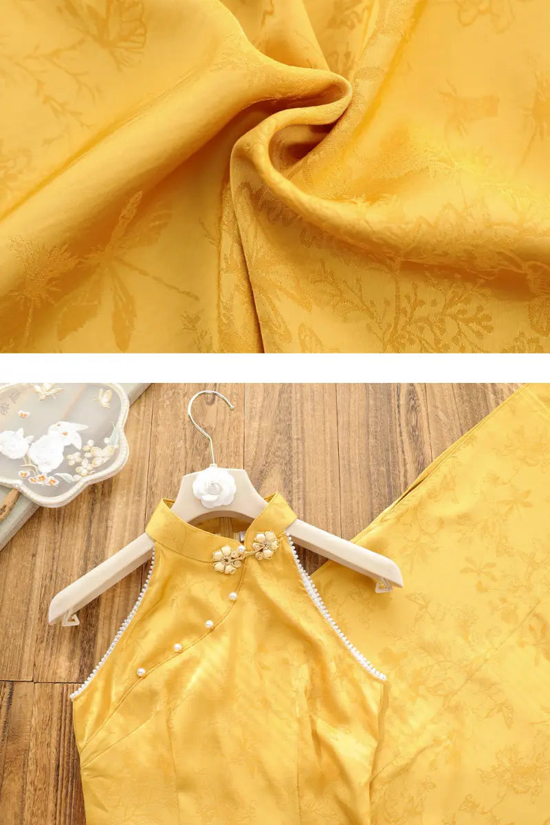Yellow Halter Neck Modern Floral Jacquard Qipao with Pearl Beading