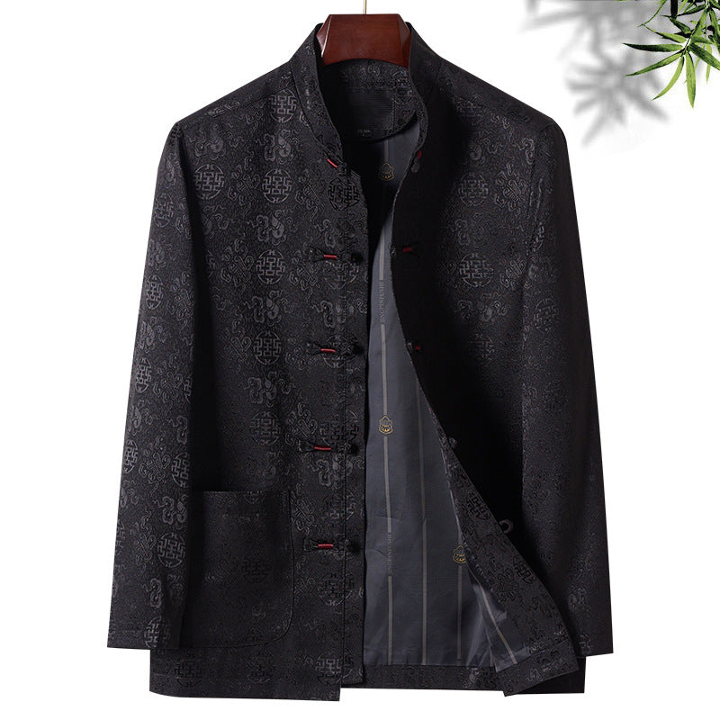 Black chinse mandarin tang jacket close up