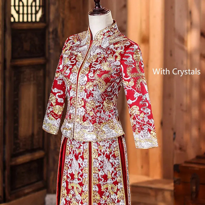 Traditional Chinese Red Bridal  dragon pheonix Qun Kwa Dress
