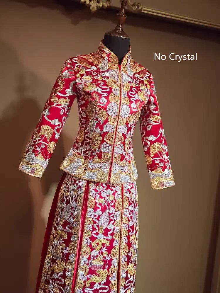 Traditional Chinese Red Bridal  dragon pheonix Qun Kwa Dress