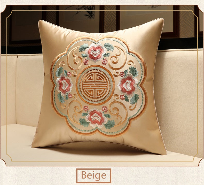 beige Oriental Floral  Embroidered  Satin Cushion Cover Beige