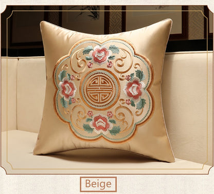 beige Oriental Floral  Embroidered  Satin Cushion Cover