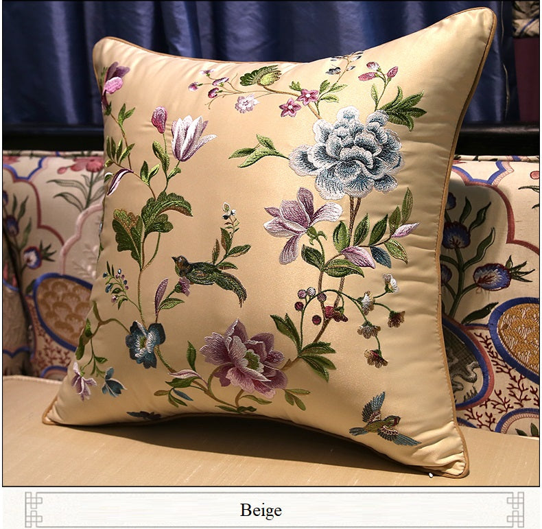 beige Oriental Peony  & Birds  Embroidered  Satin Cushion Covers