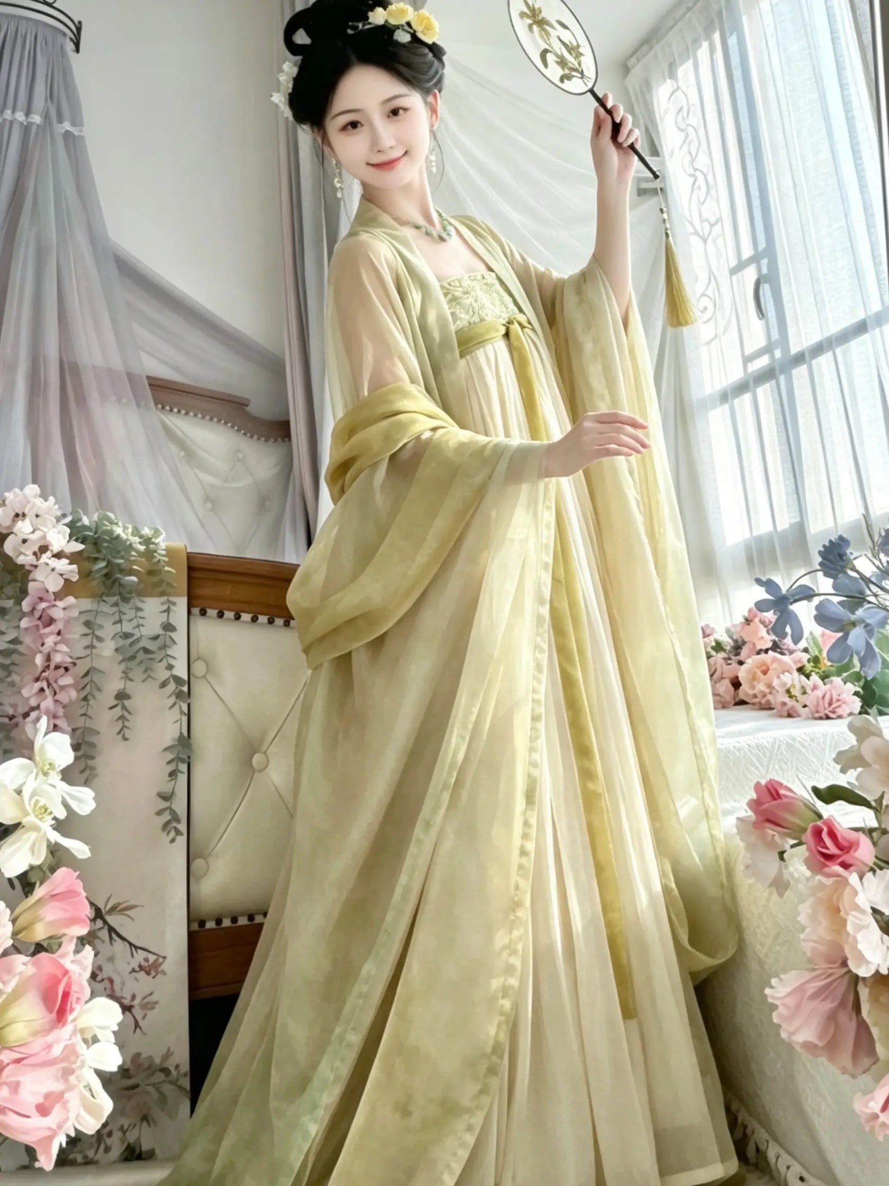 A woman wearing a flowing pale yellow tang Hanfu dress stands indoors near a window, holding a decorative fan. The dress has wide sleeves and a soft, semi-sheer overlay.