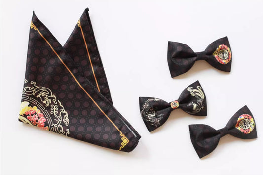 a Black bow tie with golden dragon and phoenix for groom. 2 double happiness bowtie and 1 double happiness pocket square