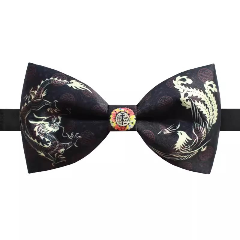 a Black bow tie with golden dragon and phoenix for groom. 