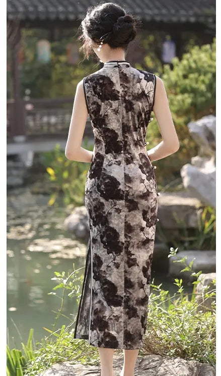 Woman in a black Floral Sleeveless Velvet Qipao Dress  standing in a garden setting with a pond and rocks.