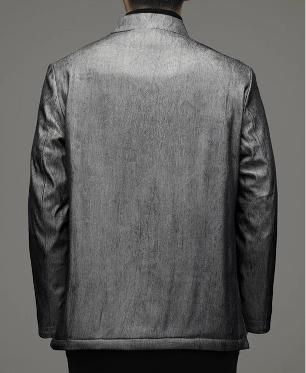 black Men’s Dragon Embroidered Goose Down Tang Jacket on a gray background