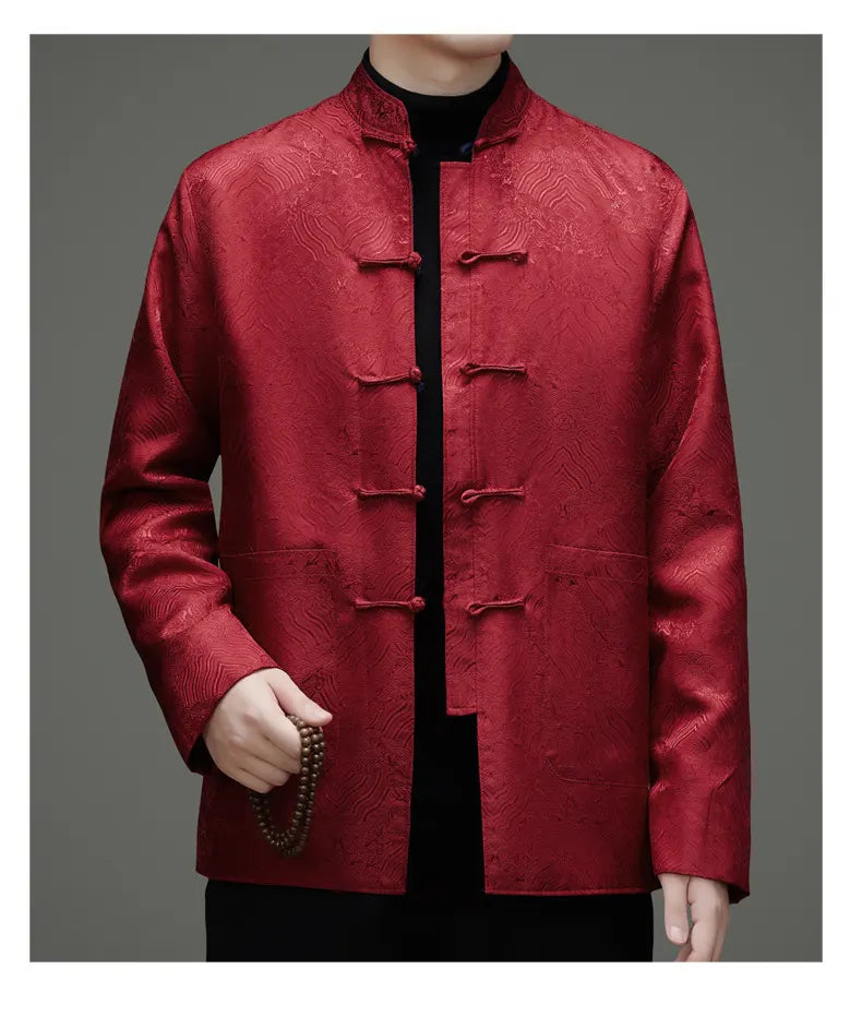 black red Reversible Men’s Tang Jacket – Double-Sided Brocade Mandarin Coat on a gray background