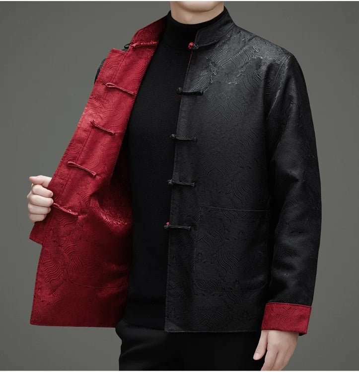 black red Reversible Men’s Tang Jacket – Double-Sided Brocade Mandarin Coat on a gray background