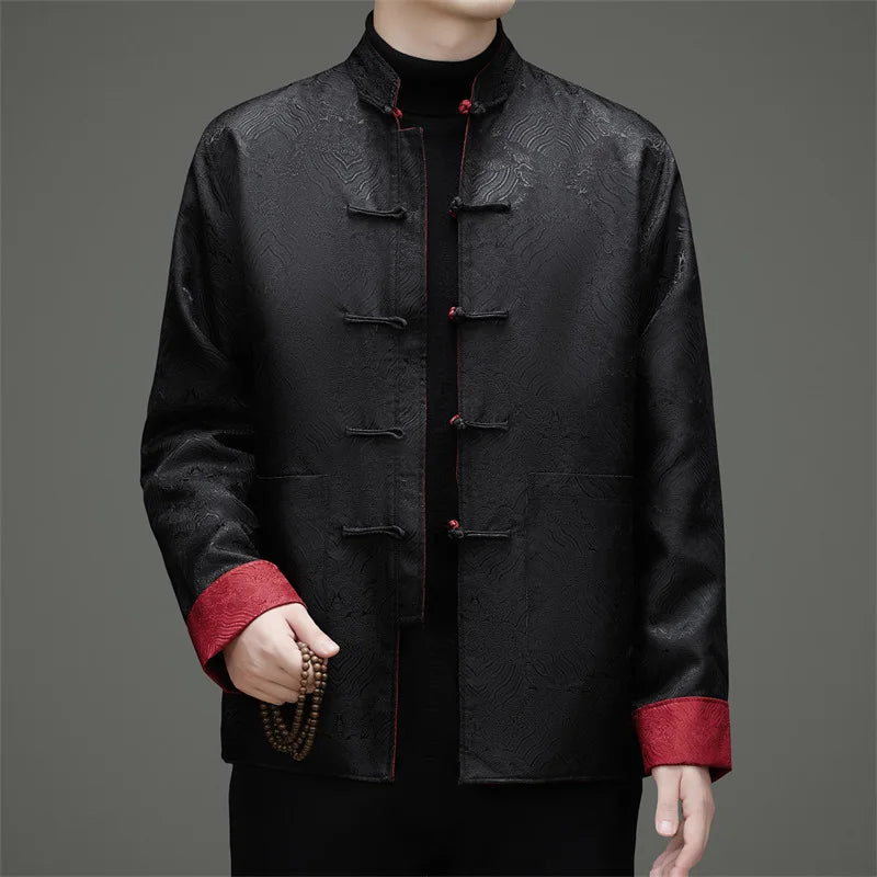 black red Reversible Men’s Tang Jacket – Double-Sided Brocade Mandarin Coat on a gray background