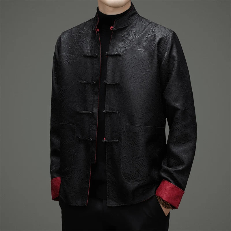 black red Reversible Men’s Tang Jacket – Double-Sided Brocade Mandarin Coat on a gray background