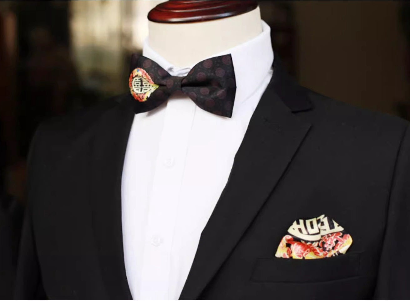 black bowtie with golden double happiness and pocket square