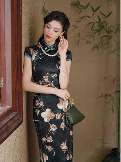 Black Floral Silk Qipao Dress