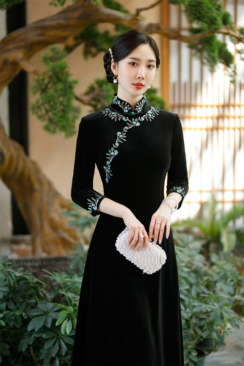 asian long dresses with sleeves Long Sleeve Floral Velvet Cheongsam Chinese Style Mother Dress Purple / 3XL