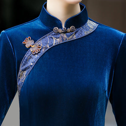 Long Sleeves A-Line Velvet Qipao with Gold Flowers