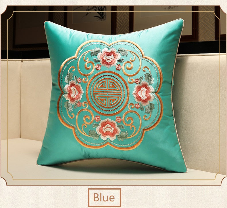 blue Oriental Floral  Embroidered  Satin Cushion Cover