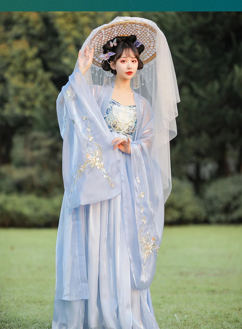 Person wearing a traditional light blue Chinese Tang Dynasty Ruqun Set Hanfu Dress  with floral patterns outdoors.