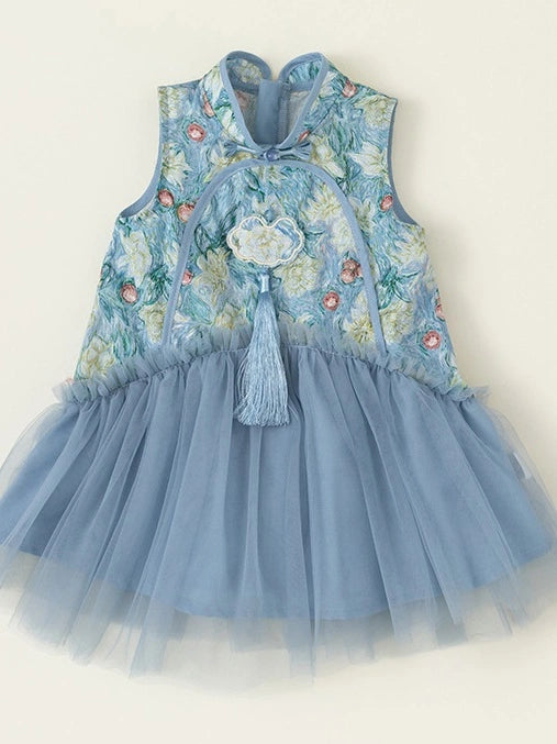 A sleeveless light blue Girls Traditional Chinese Floral Sleeveless Tulle Qipao dress for toddlers, featuring a floral embroidered vest bodice with a tassel tie and a layered light blue tulle tutu skirt.