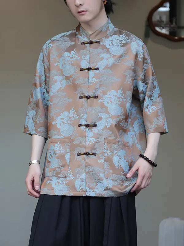 Person wearing a blue Modern Chinese Dragon Print Ice Silk Half Sleeve Tang Shirt against a neutral background