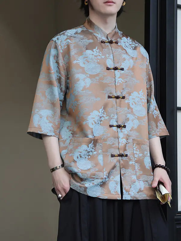 Person wearing a Modern Chinese Dragon Print Ice Silk Half Sleeve Tang Shirt  with dark buttons against a neutral background