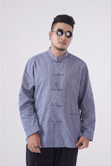 blue Plus-Size Cotton Linen traditional chinese  Tang Suit Shirt