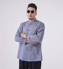 blue Plus-Size Cotton Linen traditional chinese  Tang kongfu Shirt