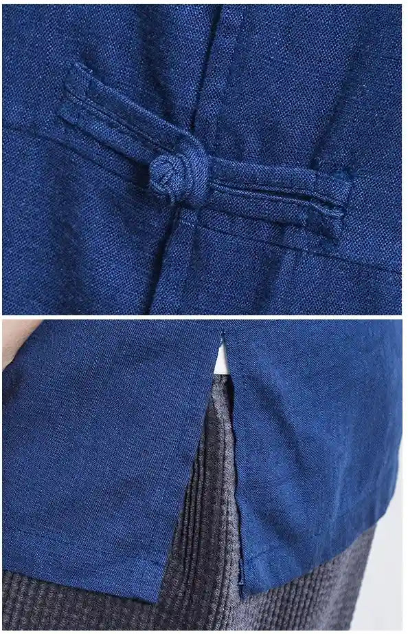 Close-up of a blue Three-Quarter Sleeve Zen Heritage Linen-Blend Kong Fu Tang Shirt  with a tie detail on a white background