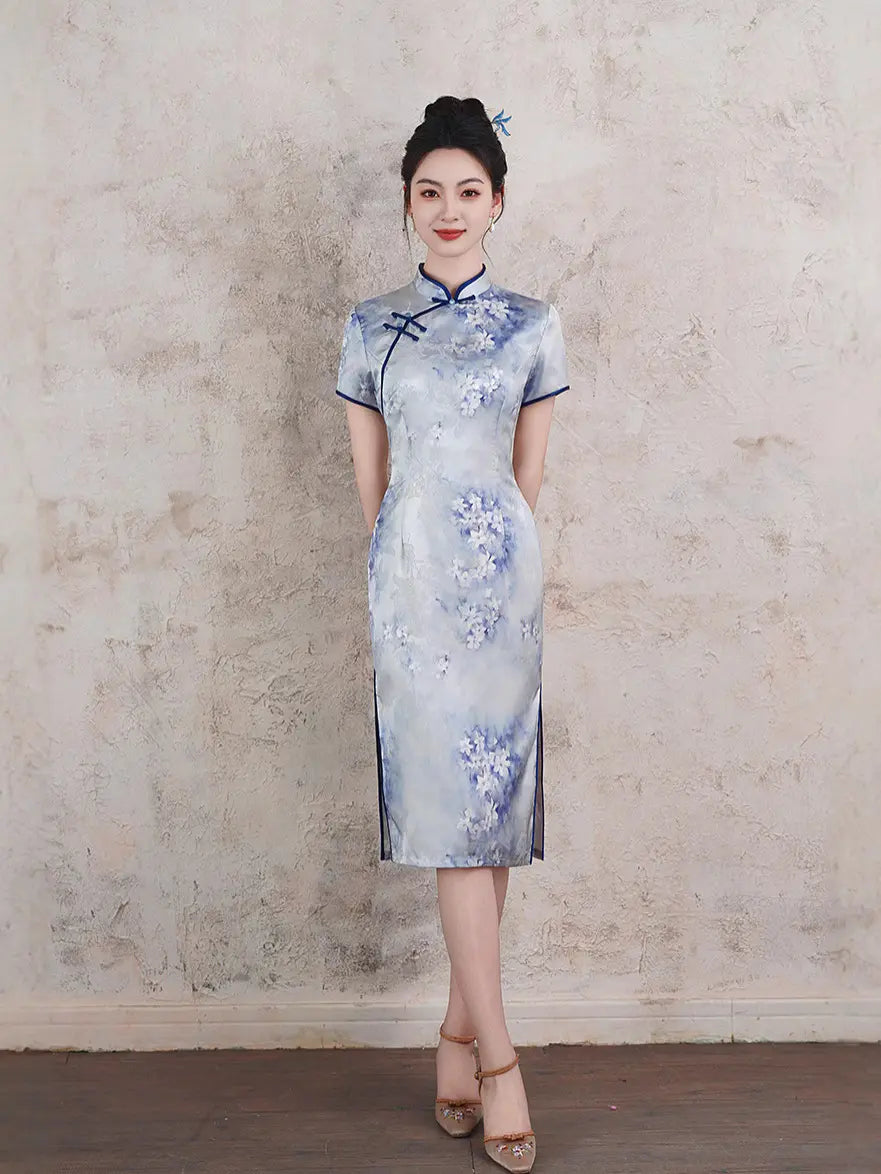 Blue Short Sleeves Watercolor Floral Qipao Dress
