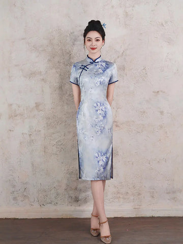 Blue Short Sleeves Watercolor Floral Qipao Dress