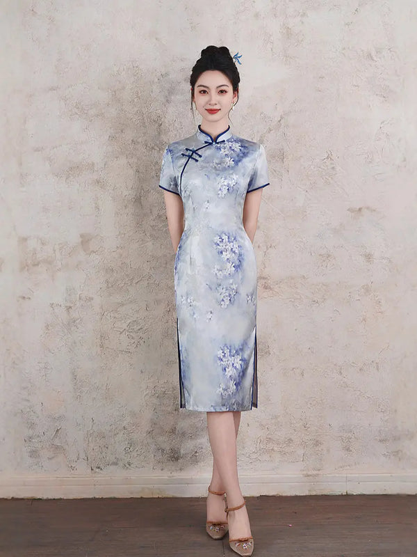 Blue Short Sleeves Watercolor Floral Qipao Dress