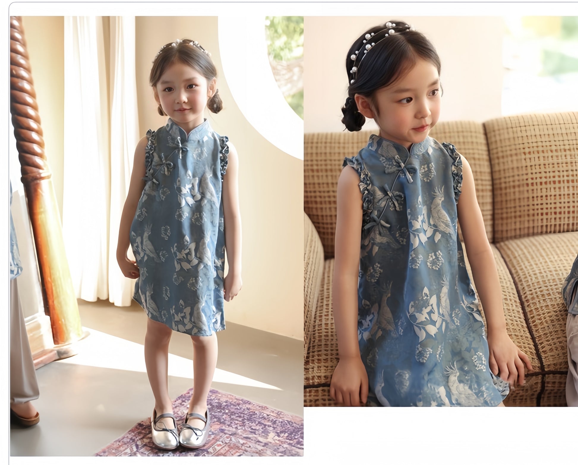 a chinese kid in blue floral sleeveless qipao dress