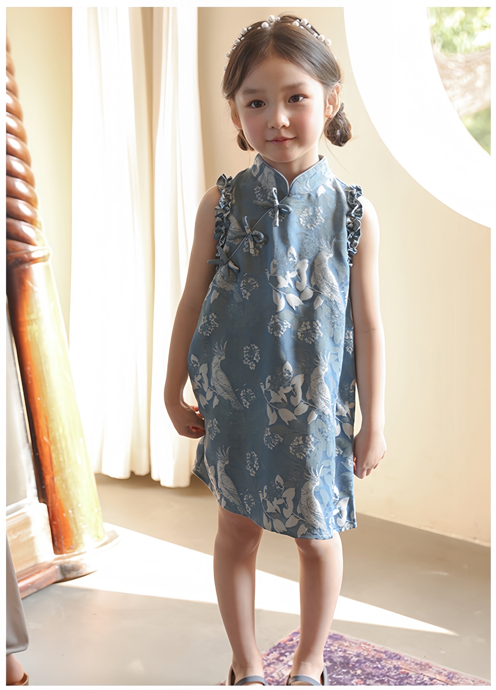 a chinese kid in blue floral sleeveless qipao dress